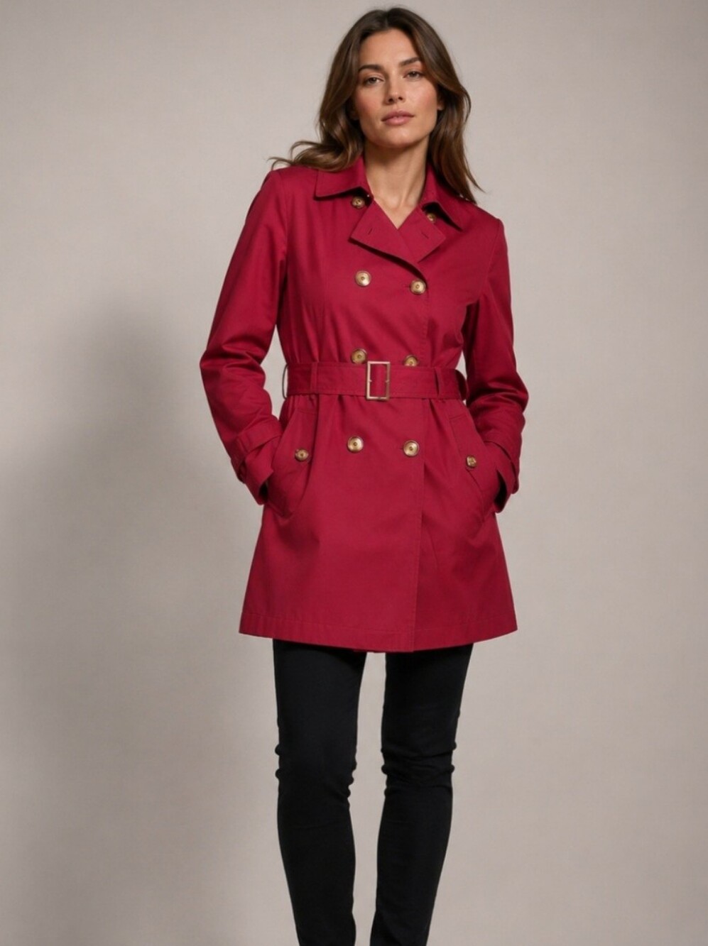 London Fog Women's Red Belted Double Breasted Trench Coat L